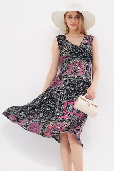 armonika Dusty Rose Print - Μίντι Γυναικείο Φόρεμα με ελαστική μέση και ώμους ARM-24Y 001052
