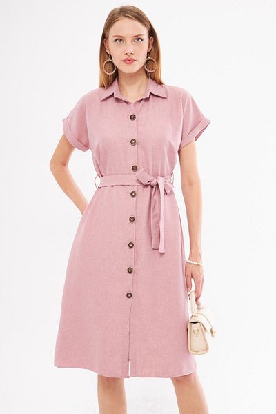 armonika Rochie cămașă cu aspect de in Dusty Rose pentru femei - cu centură, mânecă scurtă ARM-24Y 001084