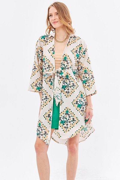 armonika Camasa kimono din in verde inchis cu model - Marime Midi, cravata fata ARM-24Y001096