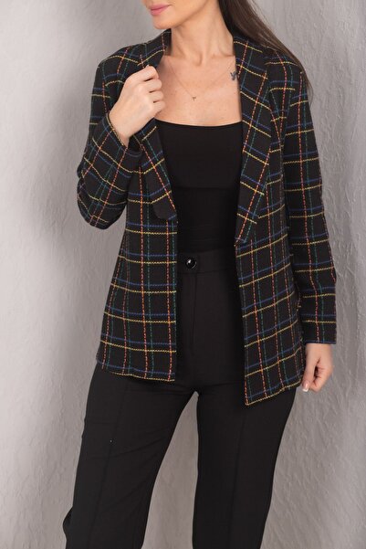 armonika Women's Yellow Shawl Collar Plaid Pattern Tweed Jacket ARM-24K001048