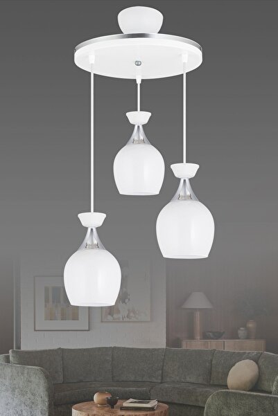 Genel Markalar Sarkıt Tepsi 3'lü Beyaz Fanus  Beyaz Camlı  Krom Şeritli Moder...