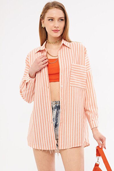 armonika قميص نسائي كبير الحجم مخطط باللون البرتقالي - كم طويل، تفاصيل الجيب ...