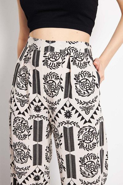 armonika Schwarz-grau gemusterte Palazzo-Hose aus Leinen – mit Taschen, ARM-24Y001069