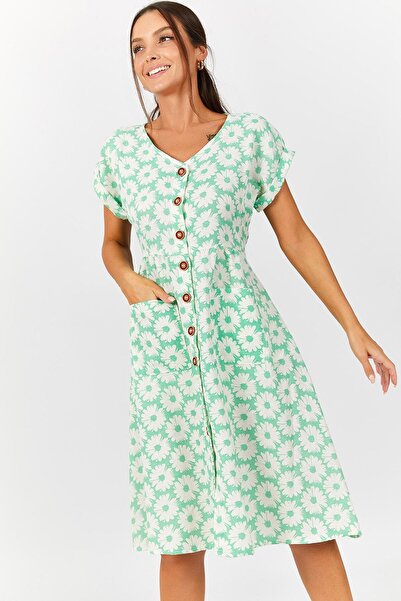 armonika Women's Mint Floral Pattern Pocket Buttoned Front Dress ARM-22Y001152