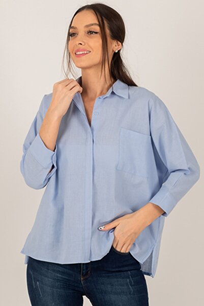 armonika Дамска синя ежедневна ленена риза с джоб ARM-21Y001035