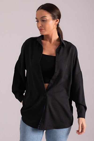 armonika Γυναικείο μαύρο τετράγωνο σχέδιο Oversize μακρύ βασικό πουκάμισο ARM...