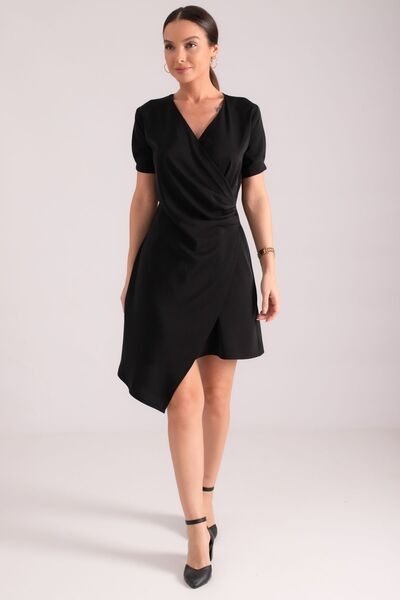 armonika Ženska crna mini haljina sa Kruvaze izrez nabora i kratkim rukavima ...