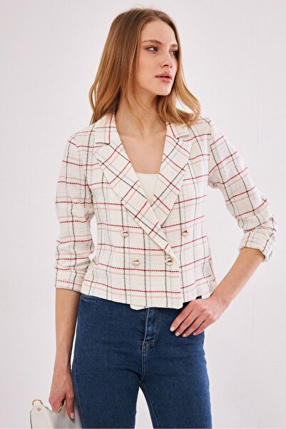 armonika Women's Burgundy-White Double Breasted Collar Tweed Crop Jacket ARM-24K001014