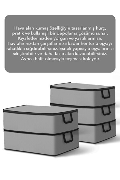 Meleni Home 6'lı Çekyat Tipi Siyah Şeritli Organizer Hurç - Baza Altı Yorgan Yastık Çamaşır Saklama Hurcu - Gri