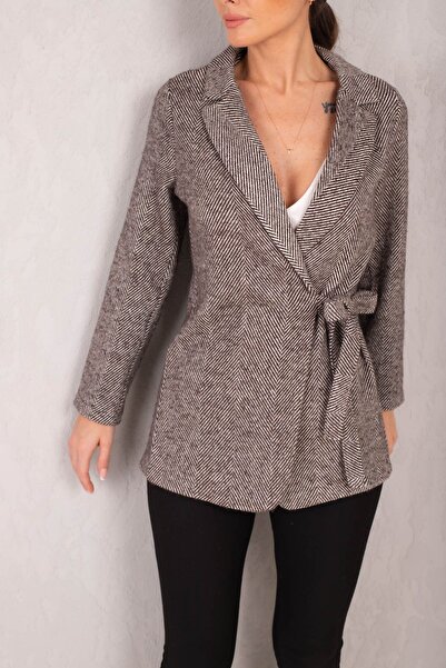 armonika Jachetă de damă, maro închis, cu cravată laterală, cu model în spina...