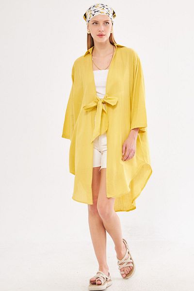 armonika Kimono Midi din in subțire galben - Cămașă cu cravată în față ARM-24Y001081