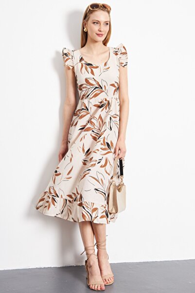 armonika Svetlo smeđa haljina sa naboranim rukavima, duga ženska haljina sa d...