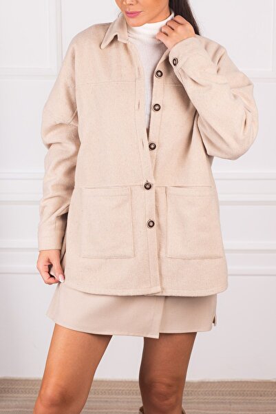 armonika Women's Beige Pocketed Oversize Stash Jacket ARM-24K001033