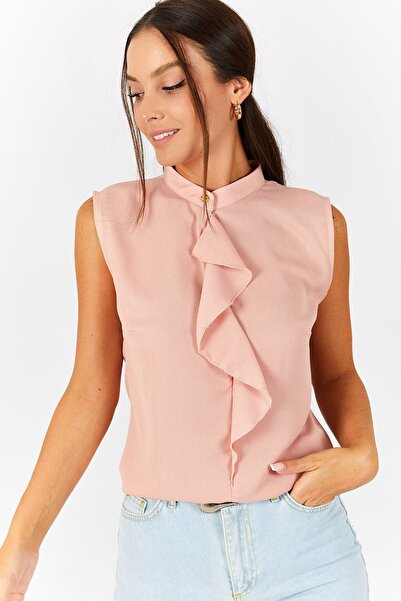 armonika Kadın Somon Önü Fırfırlı Kolsuz Bluz ARM-22Y001022