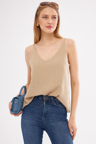 armonika Γυναικεία μπλούζα ανοιχτό μπεζ λινό look - Με λουράκι, ARM-24Y001064