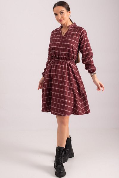 armonika Women's Burgundy V-Neck Elastic Waist Plaid Pattern Flared Dress ARM-24K001041