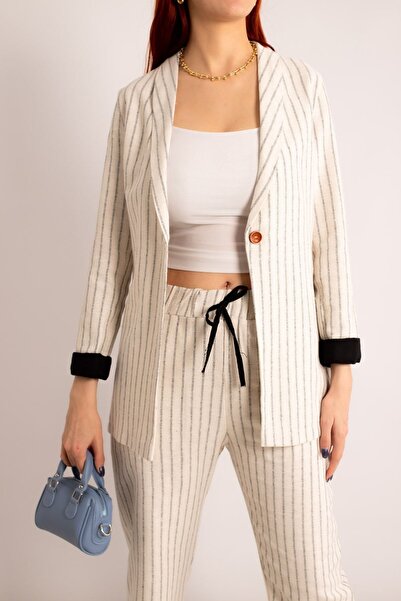 armonika Women's White-black Thin Striped Single Button Jacket Arm-23y001037