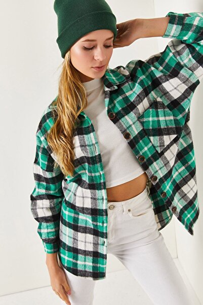 armonika Дамска зелена карирана риза с джобове на ръкава-22y001236