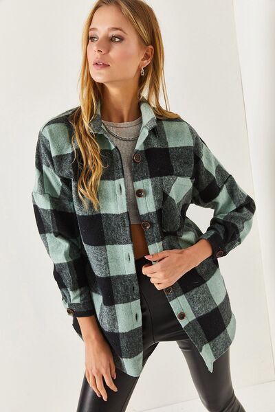 armonika Γυναικείο πουκάμισο με καρό σχέδιο μέντας Oversize μπράτσο-22y001199