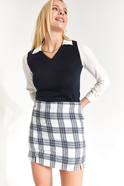 armonika Fustă mini pentru femei, albastru baby, cu model carouri, cusut