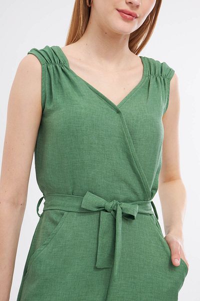 armonika Green Double Breasted Collar and Shoulder Detailed V Belted Long Women's Jumpsuit - ARM-24Y001049