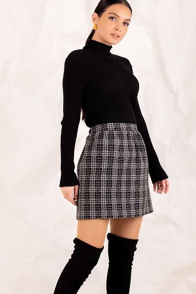 armonika Fustă scurtă pentru femei, gri, în carouri, cu talie elastică ARM-20K001096