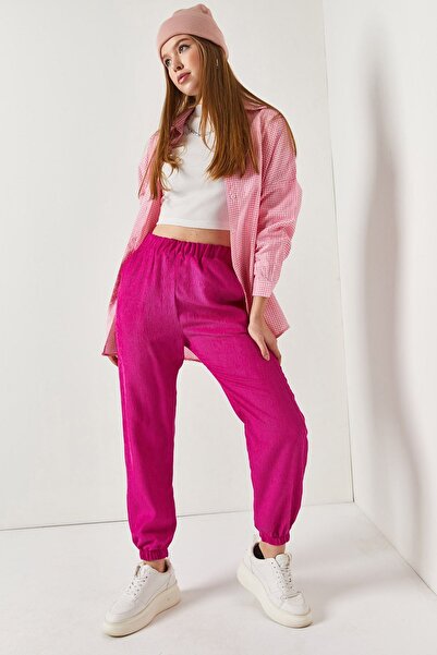 armonika Kadın Fuşya Beli Ve Paçası Lastikli Cepli Kadife Pantolon ARM-22Y001172