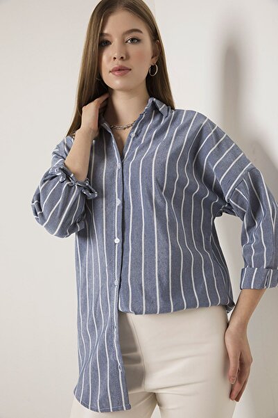 armonika Kadın Lacivert İnce Çizgili Oversize Uzun Basic Gömlek ARM-22Y001158