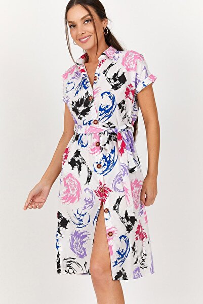 armonika Γυναικείο φόρεμα με κοντομάνικο πουκάμισο με φούξια σχέδια στη μέση ...