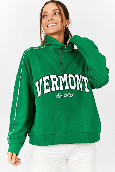 armonika Дамски зелен суичър с висока яка с надпис Vermont отпред ARM-22Y024055