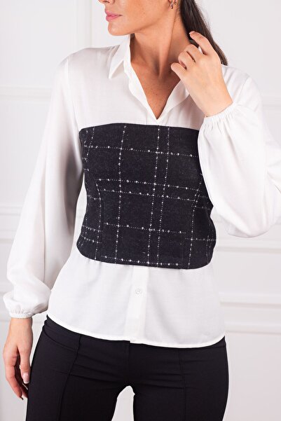 armonika Γυναικείο μακρυμάνικο πουκάμισο με λεπτομέρεια σε λευκό κορσέ ARM-24...