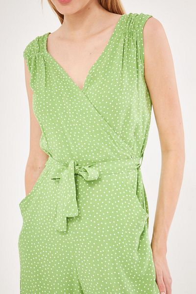 armonika Pistachio Green Double Breasted Jumpsuit - Shoulder Detail, V Belt, Long Cut ARM-24Y001049