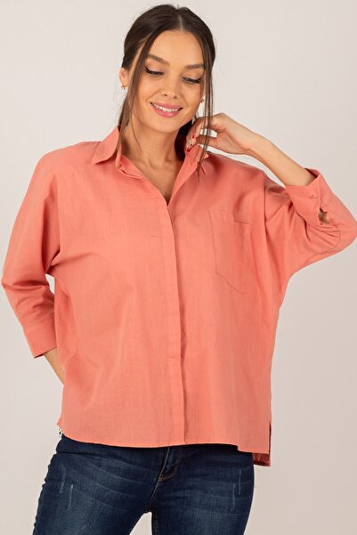 armonika Női lazac zsebes alkalmi vászon ing ARM-21Y001035