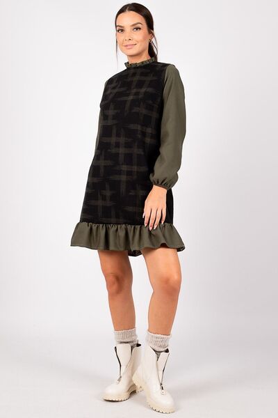 armonika Women's Khaki Line Pattern Dress with Frilly Collar and Bottom Arm-2...