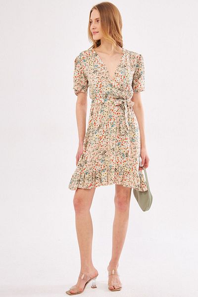armonika Beiges Tessera-Kleid für Damen, zweireihig, Kragen, Rock, Rüschen, gemustert, Minigröße ARM-24Y001024