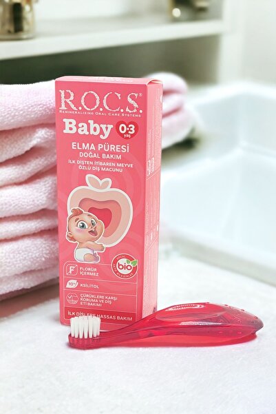 R.O.C.S. Rocs Baby 0-3 Yaş Elma Püresi Tadında Diş Macunu 45g Kırmızı Diş Fırçası Seti