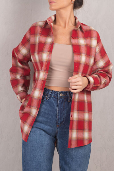 armonika Női vörös négyzet mintás Oversize hosszú alap ing ARM-22Y001144