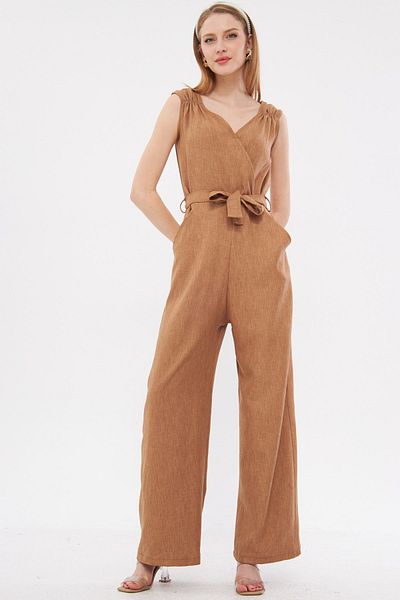 armonika Mink Long Women's Jumpsuit with Double Breasted Collar and Shoulder Detail - V Belted, ARM-24Y001049