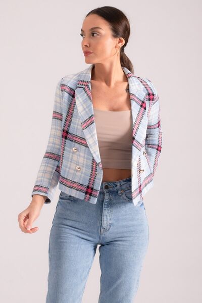 armonika Kadın Mavi-Fuşya Kruvaze Yaka Tüvit Crop Ceket ARM-24K001014