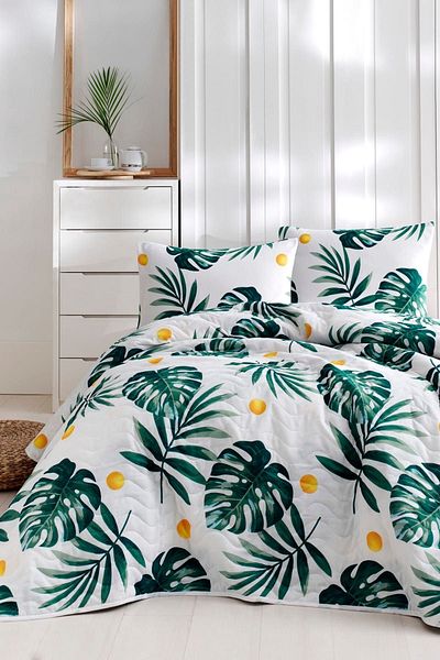 Eponj Home Set cuvertură de pat dublă matlasată Monstera Green