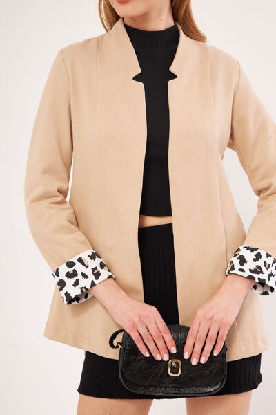 armonika Beige Ikosiena Jacke für Damen mit Stehkragen und Ärmeln, Leopardenmuster, ARM-24Y001044