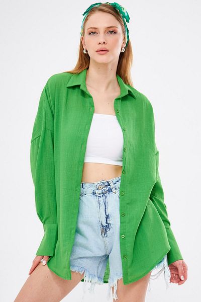 armonika Grünes, übergroßes, strukturiertes Leinen-Look-Hemd mit breiten Manschetten für Damen, Arm-24k001001