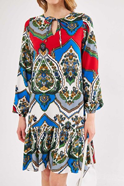 armonika Women's Red Patterned Collar Tie Skirt Ruffle Long Sleeve Dress ARM-24Y001003