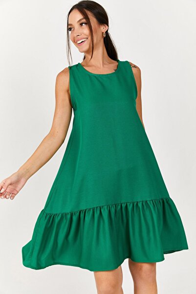 armonika Ženska zelena haljina bez rukava sa volanima ARM-18Y001156