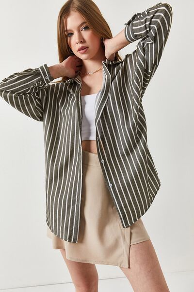 armonika Γυναικείο χακί λεπτό ριγέ oversize μακρύ βασικό πουκάμισο ARM-22Y001185