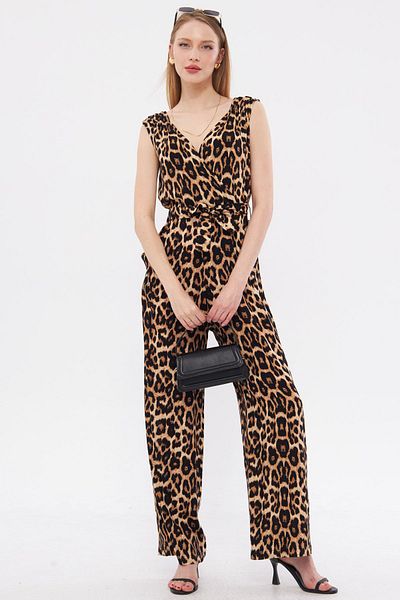 armonika Black-Beige Long Jumpsuit with Double Breasted Collar and Shoulder Detail - V Belted, ARM-24Y001049