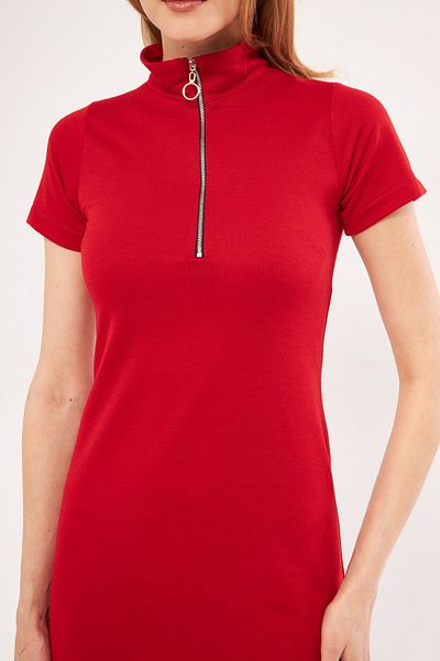 armonika Rotes, figurbetontes Kleid mit Reißverschluss über dem Knie, kurzärmlig, für Damen ARM-24Y001012