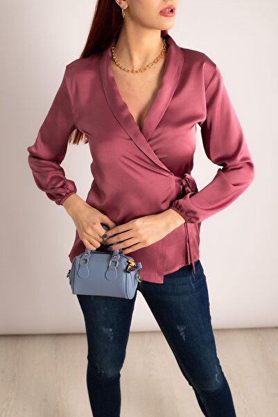 armonika Kadın Gül Kurusu Kruvaze Yaka Saten Bluz Arm-23y001045