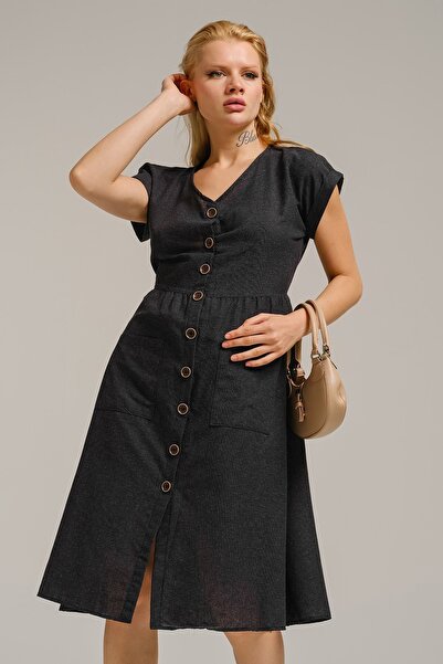 armonika Kadın Füme Desenli V Yaka Önü Düğmeli Midi Boy Elbise ARM-23Y001109