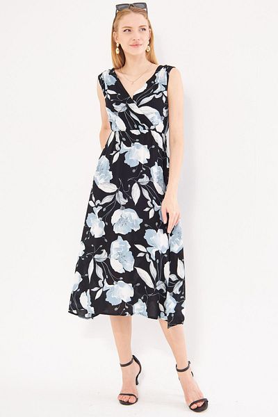 armonika in rochie midi cu decolteu dublu cu imprimeu negru-gri - elastic pentru talie și umeri ARM-24Y 001052